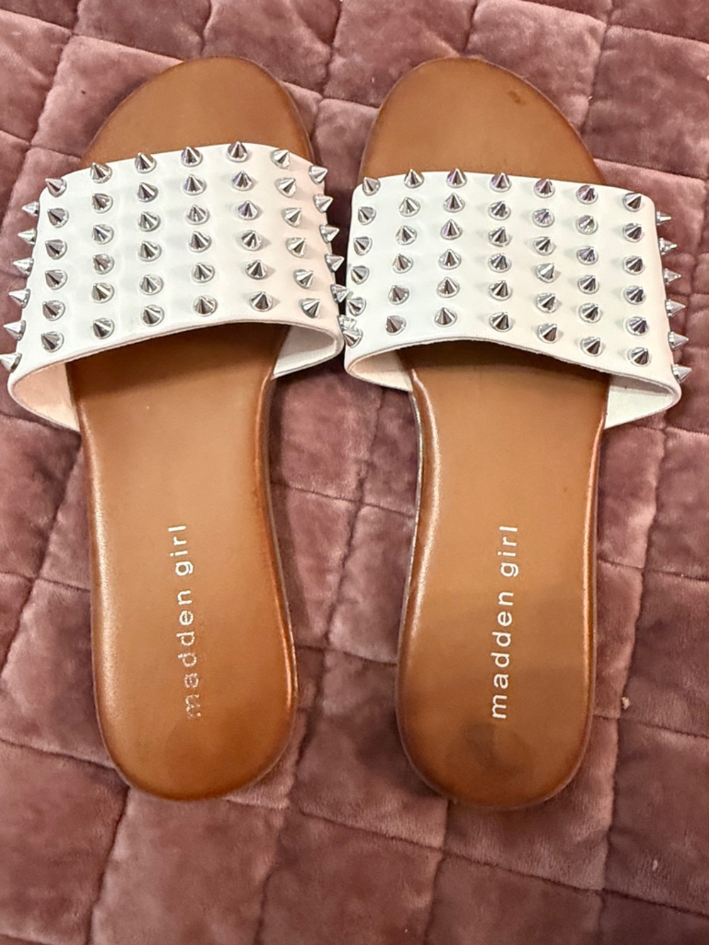Madden Girl White Studded Slide Sandals with Tan Footbed